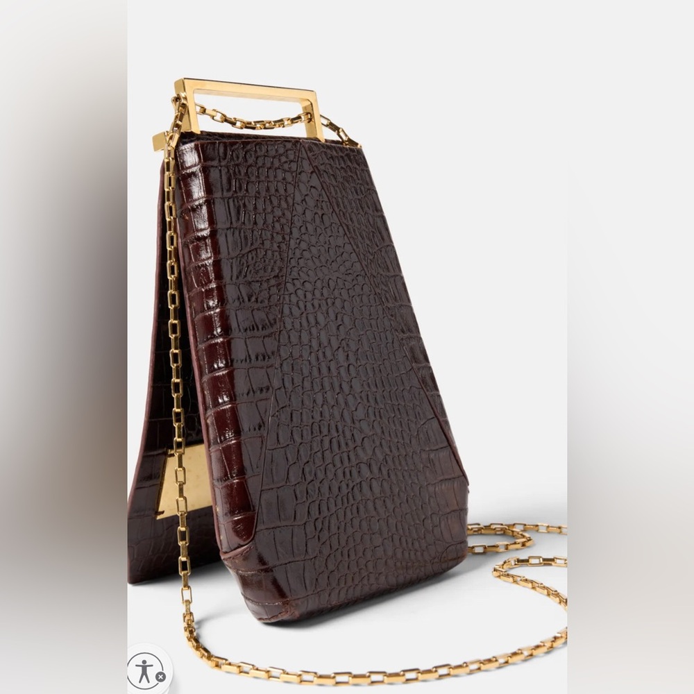 Maison Etnad Eloine Leather Croc Effect Crossbody Shoulder Bag Brown Gold Chain